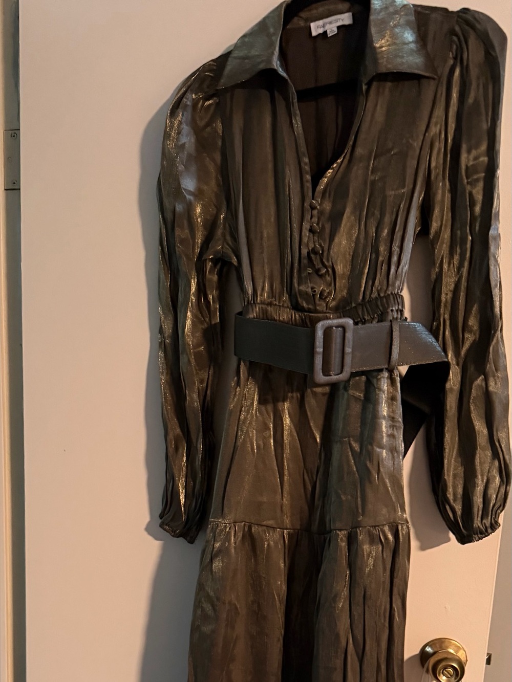 Metallic Olive Green Long Sleeve Maxi Dress with Belt (never worn)